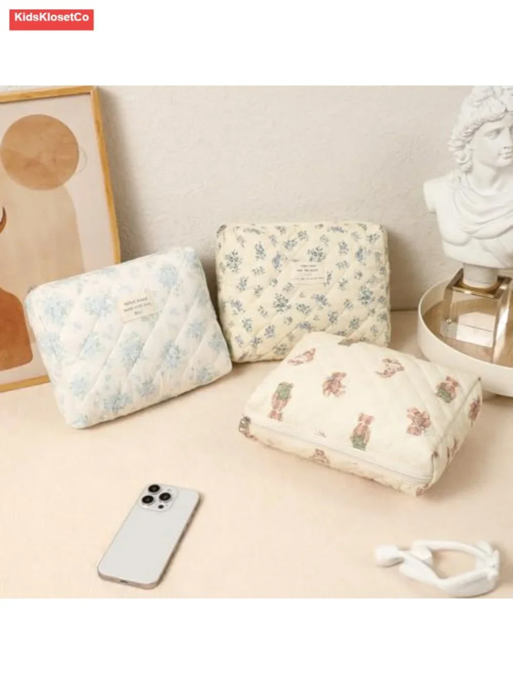 Quilted Cotton Makeup Bag 2-Pc Set Coquette Floral Cosmetic Toiletry Travel